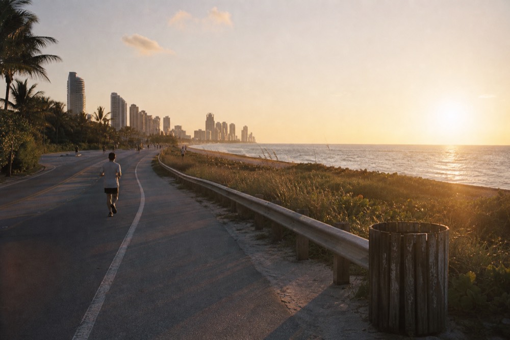 Coastal road heading north toward Fort Lauderdale at golden hour, no text, no logos, no people