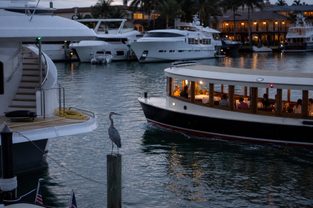 A small dinner cruise boat passing mega-yachts and waterfront homes along the Intracoastal Waterway at dusk, no text, no logos, no people