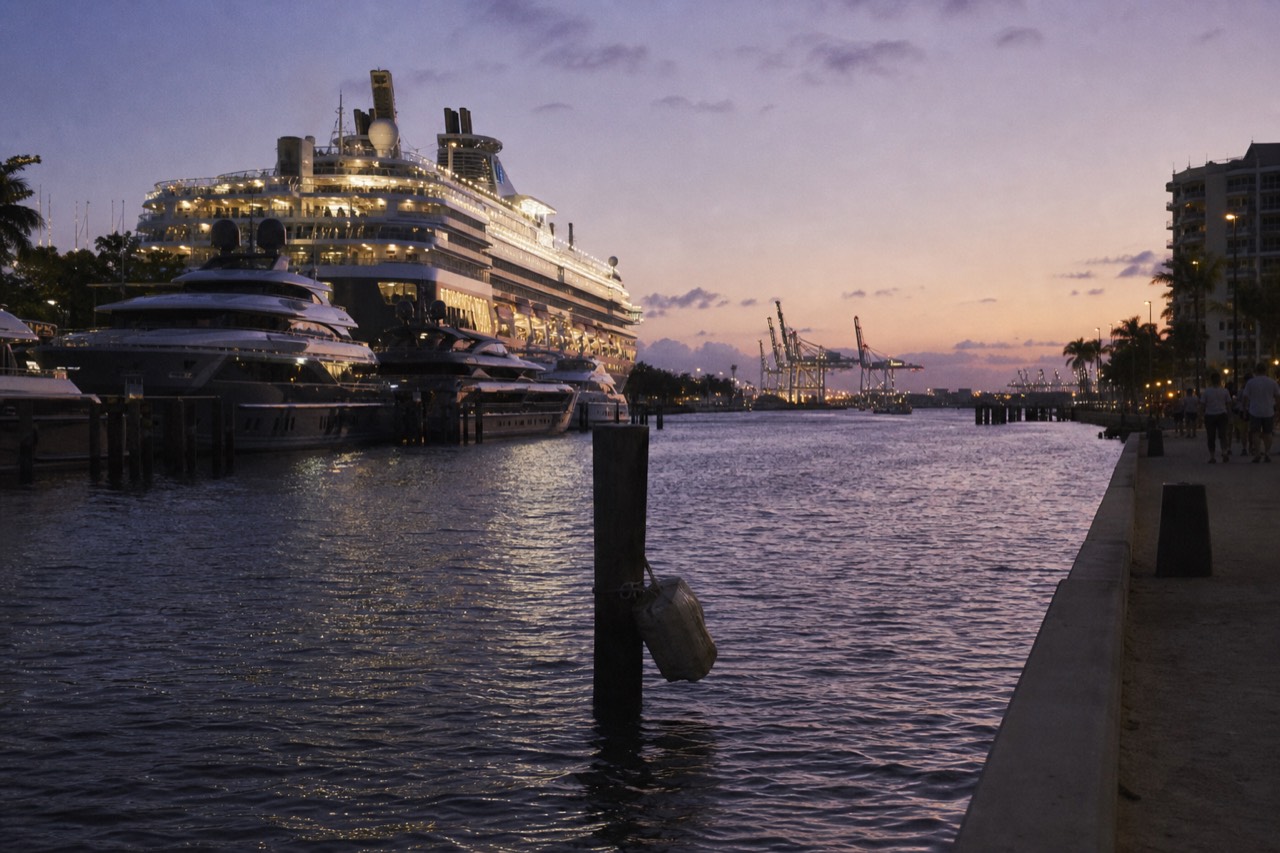 Cruise ship and yachts along the Fort Lauderdale waterfront at dusk, no text, no logos, no people