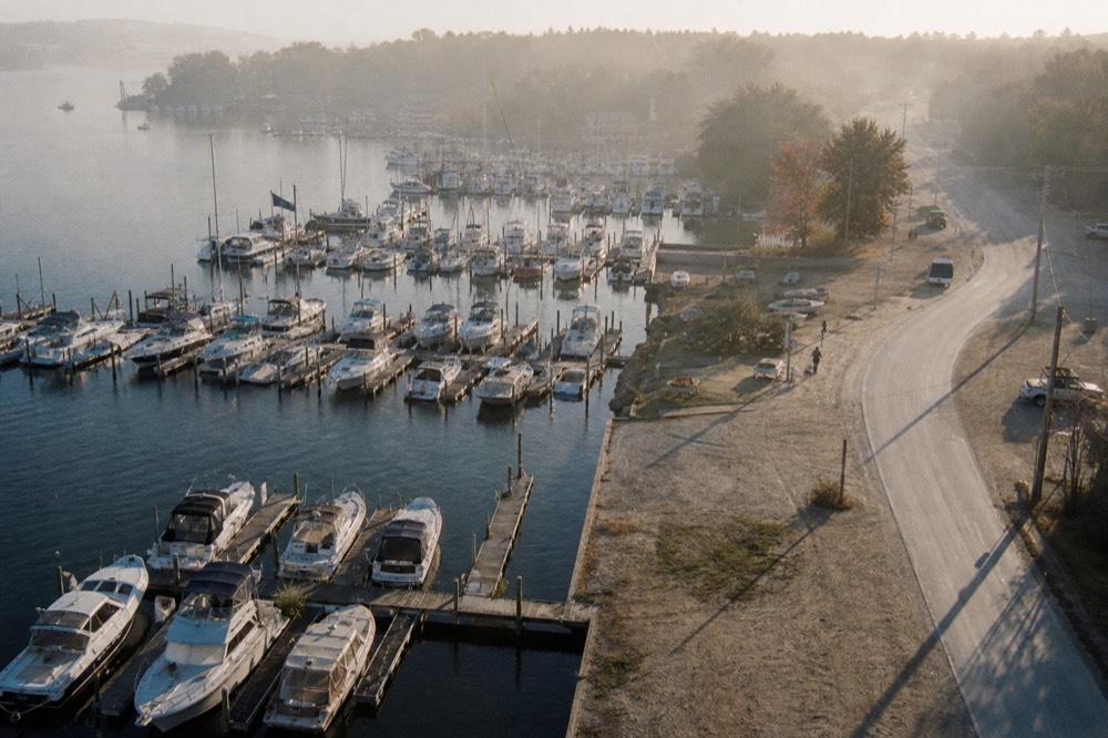 Aerial view of docks and boats at the Fort Lauderdale boat show, no text, no logos, no people