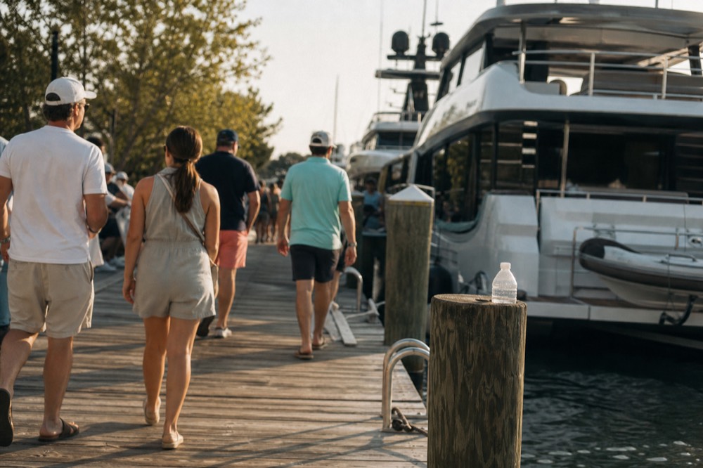 Crowds of visitors walking a marina dock past large yachts, no text, no logos, no people