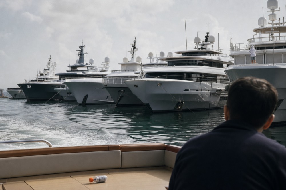 Water taxi passing a row of mega-yachts docked along the Intracoastal Waterway, no text, no logos, no people