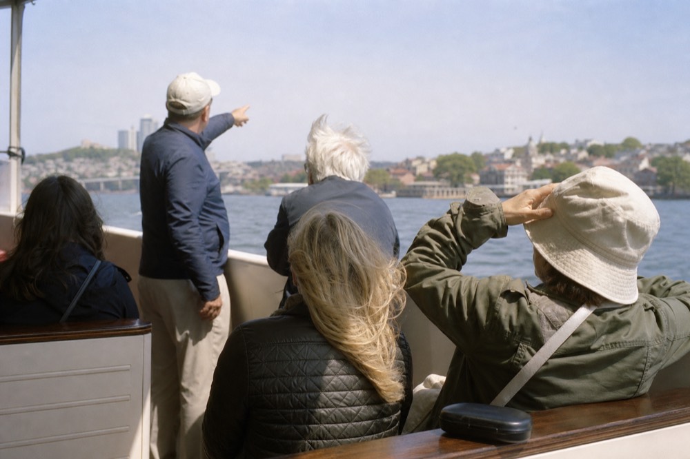 A water taxi captain narrating sights while passengers enjoy open-air seating, no text, no logos, no people