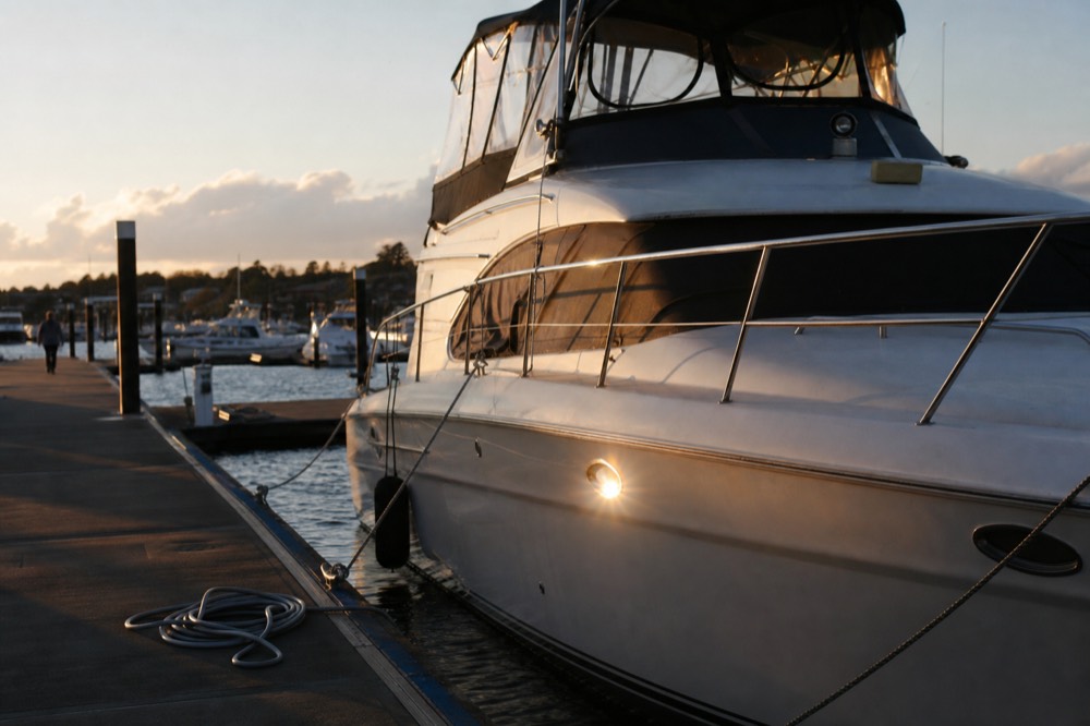 A small cruise boat at a marina dock in late afternoon light, no text, no logos, no people.